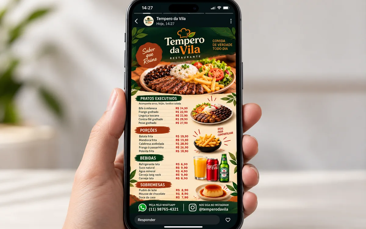 Cardápio digital do Tempero da Vila aberto no celular, pronto para mandar no WhatsApp do delivery