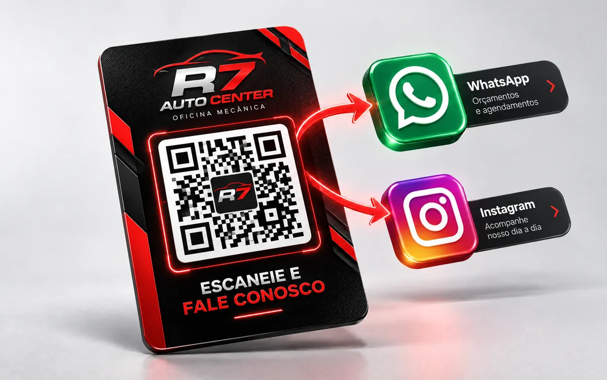 Cartão com QR code personalizado que leva para o WhatsApp e o Instagram da R7 Auto Center