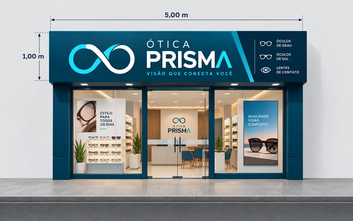 Arte de fachada de loja criada pela Dion Logos nas medidas certas para a gráfica produzir