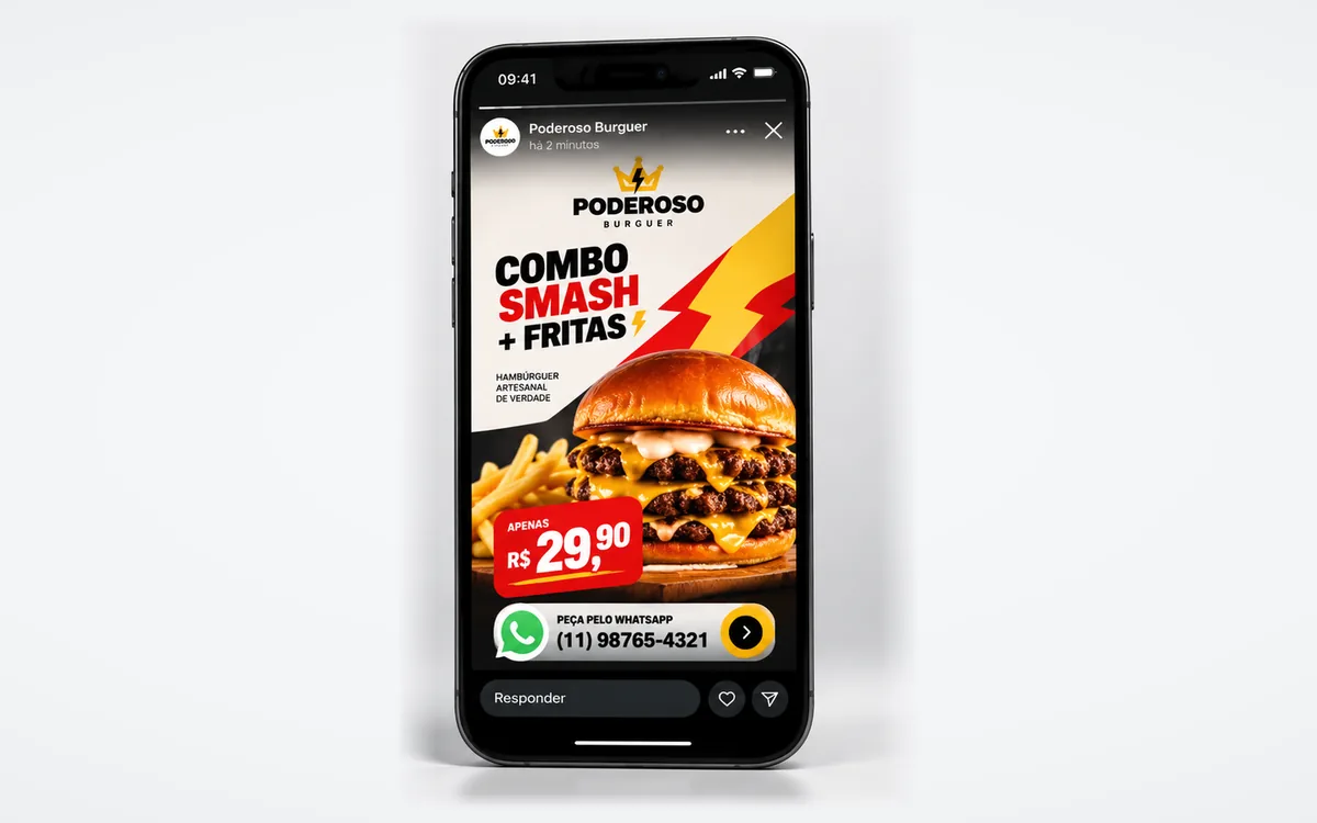 Flyer digital da Poderoso Burguer aberto nos stories do Instagram no celular, com botão para pedir pelo WhatsApp
