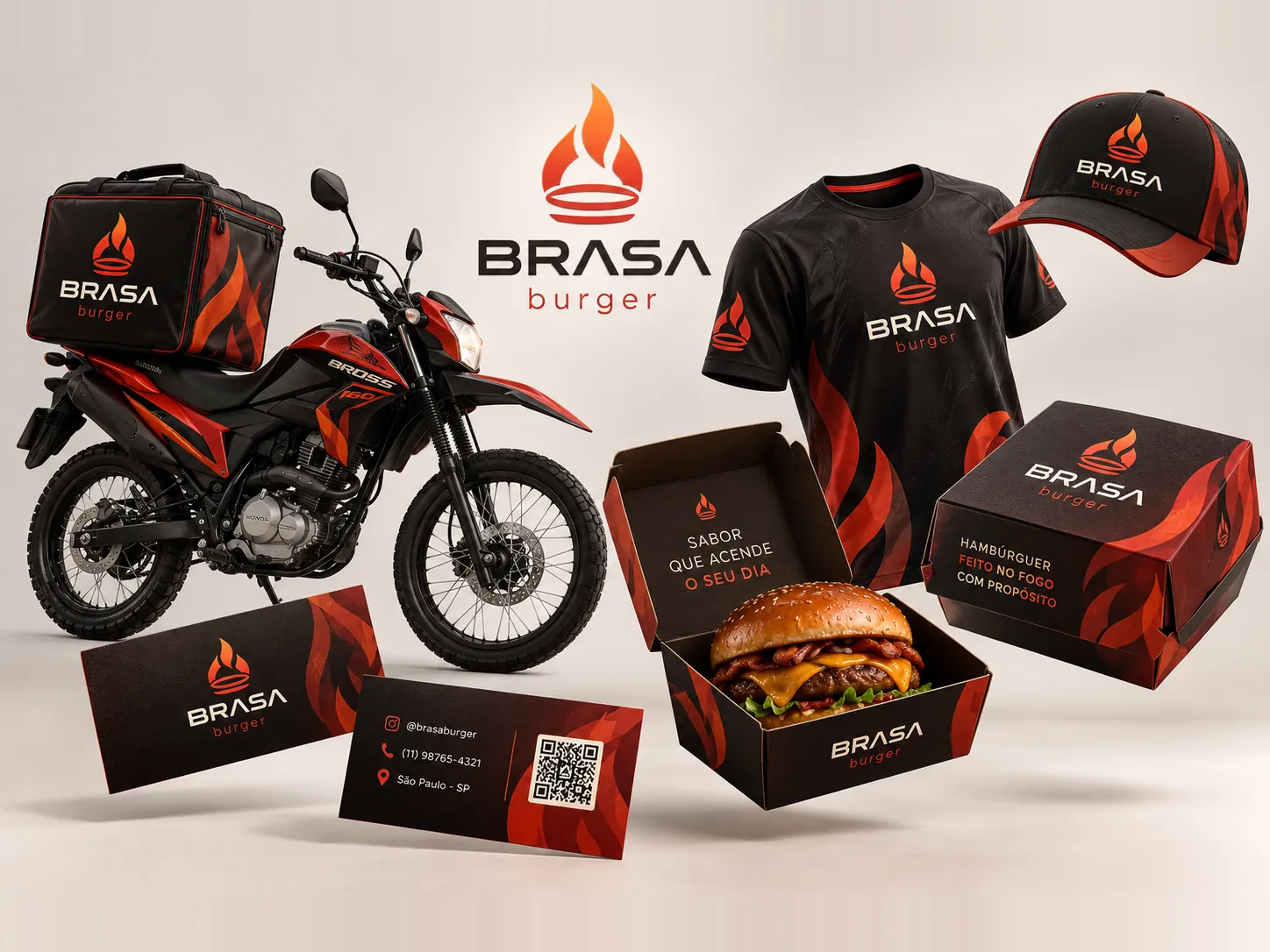 Exemplo de identidade visual para hamburgueria aplicada em bag de delivery, moto, camiseta, boné, embalagem e cartão de visita