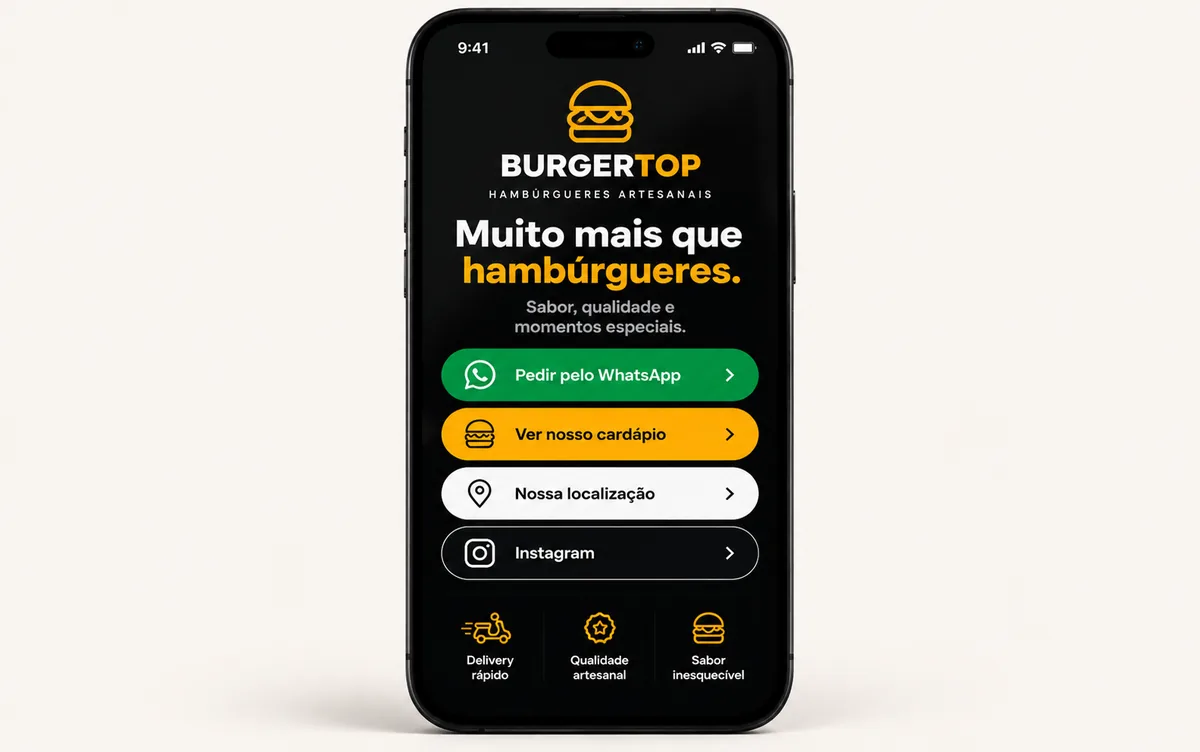 Página de link na bio da hamburgueria BurgerTop no celular, com botões para WhatsApp, cardápio, localização e Instagram