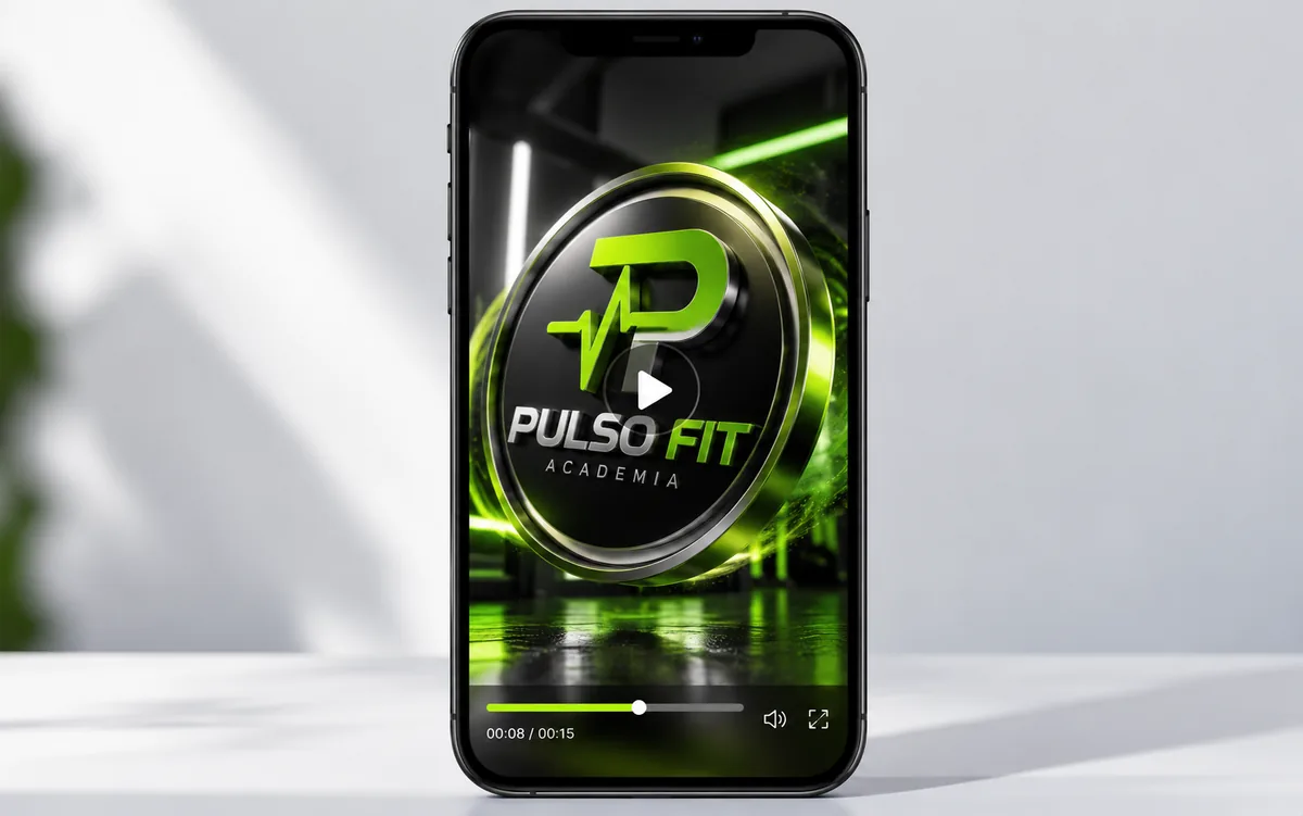 Logo animada da Pulso Fit tocando no celular em formato vertical, pronta para stories e status