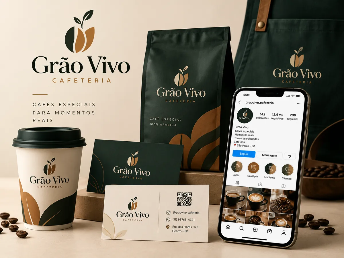 Identidade visual Grão Vivo para cafeteria aplicada em copo, pacote de café, sacola e perfil do Instagram