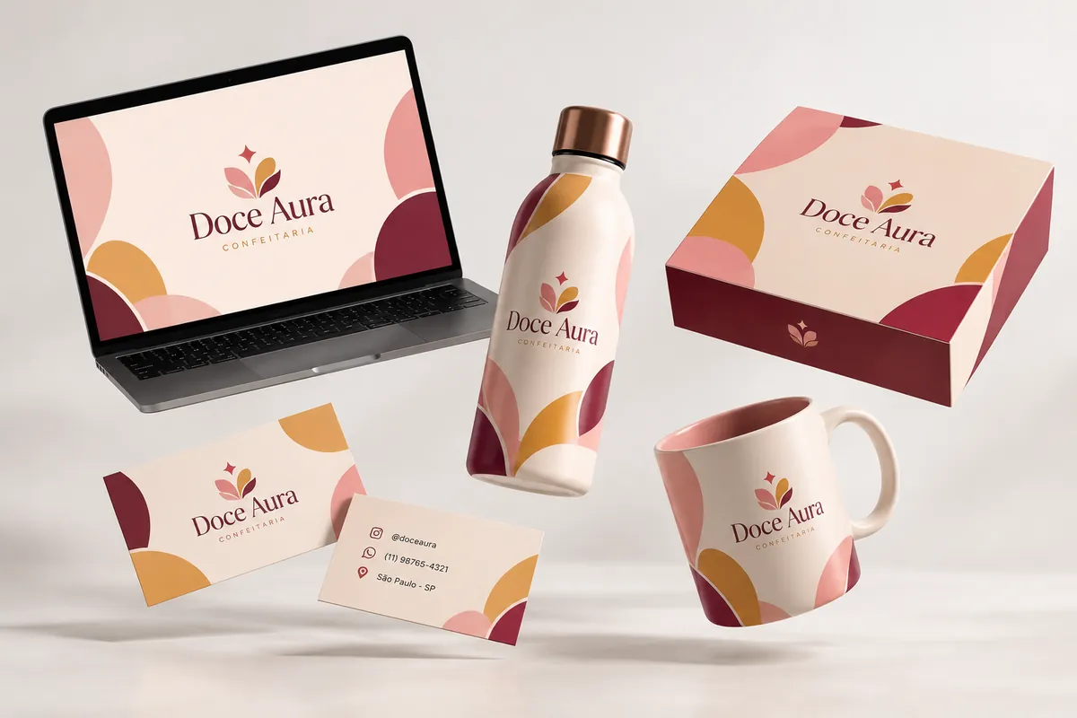 Identidade visual Doce Aura para confeitaria aplicada em caixa, caneca, garrafa e cartão de visita