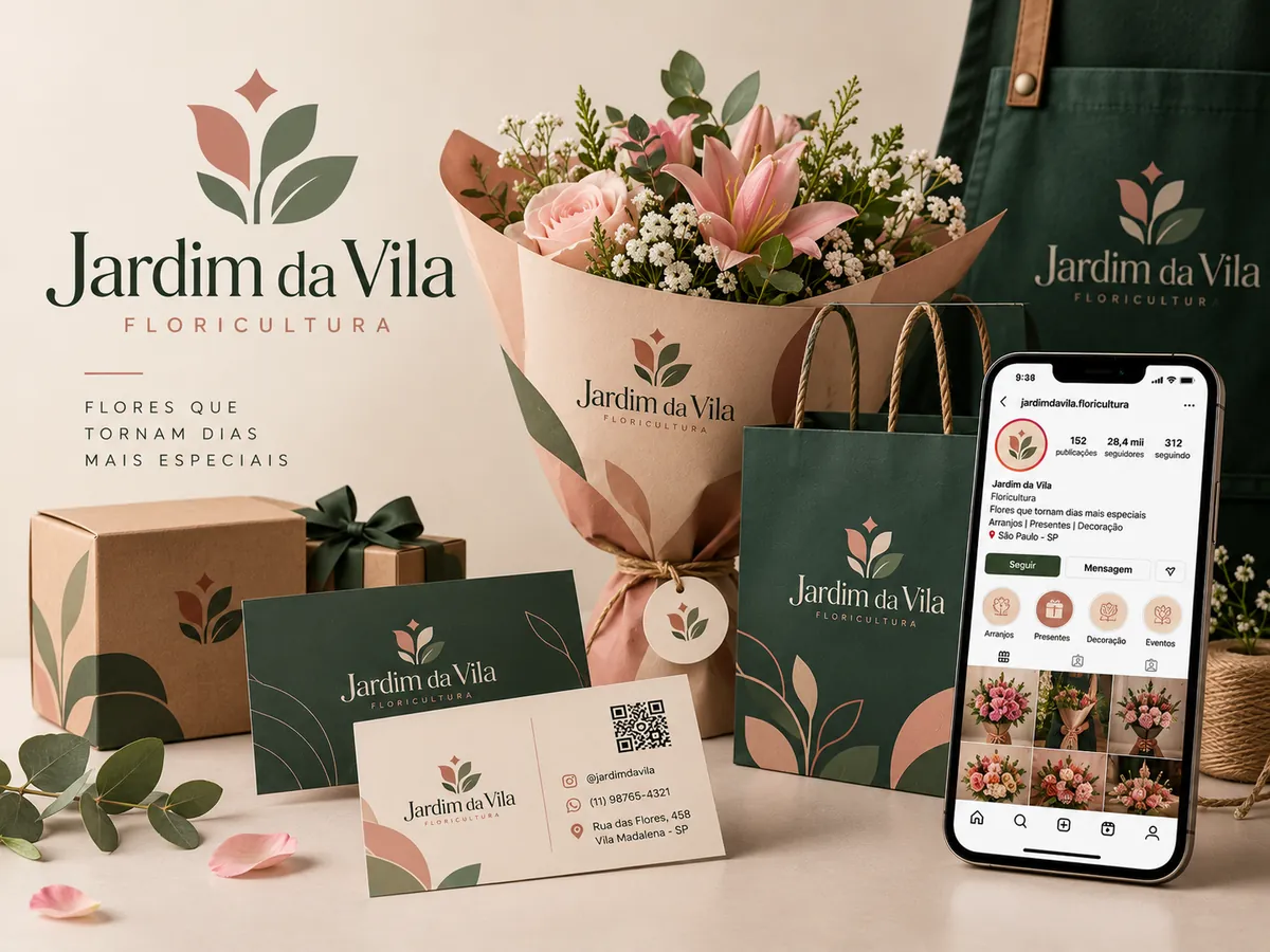 Identidade visual Jardim da Vila para floricultura aplicada em sacola, embalagem de buquê, cartão e perfil do Instagram