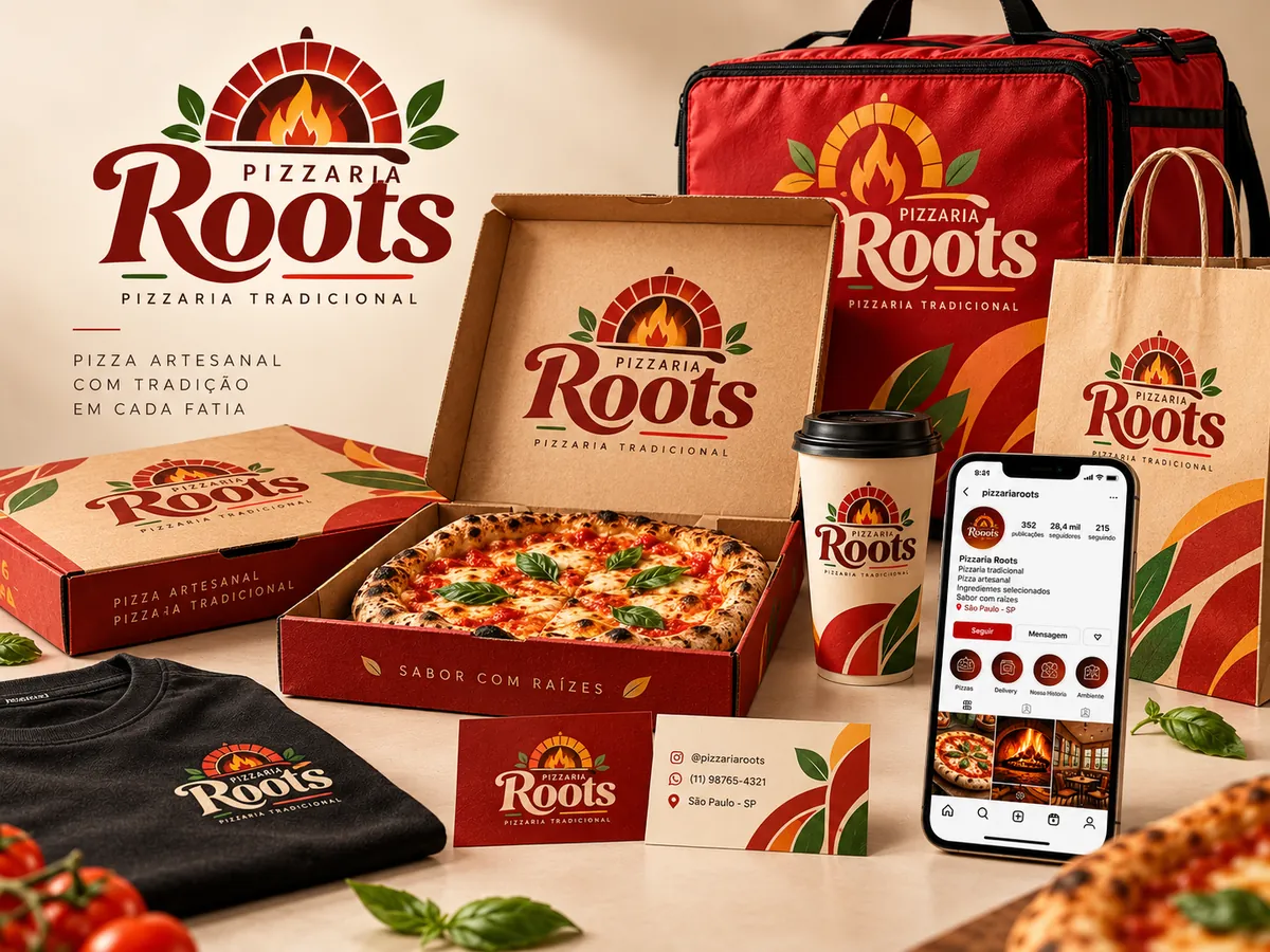 Identidade visual Pizzaria Roots para pizzaria aplicada em caixa de pizza, bag de delivery, copo, camiseta, sacola, cartão de visita e perfil do Instagram